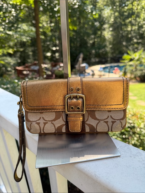 Coach Handbags - COACH Metallic Gold Signature Buckle Clutch Wallet